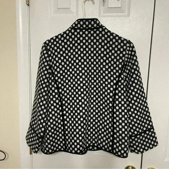 Chicos Polka Dot Plush Jacket Open Front Pockets Black White Collared - Picture 6 of 14